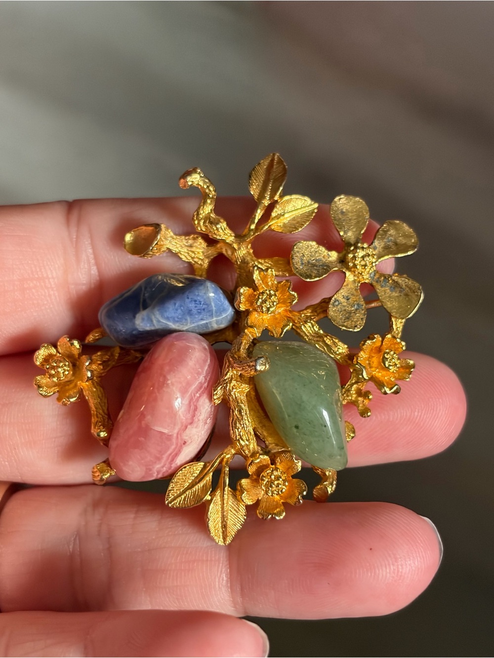 4/$100 VTG Gold Floral Brooch with Blue, Pink and Green Gemstones